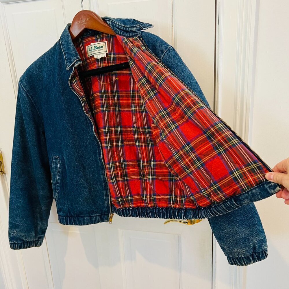 LL BEAN Insulated Flannel Lined Barn Chore Denim Harrington Jacket Coat VTG 80s - Picture 6 of 16